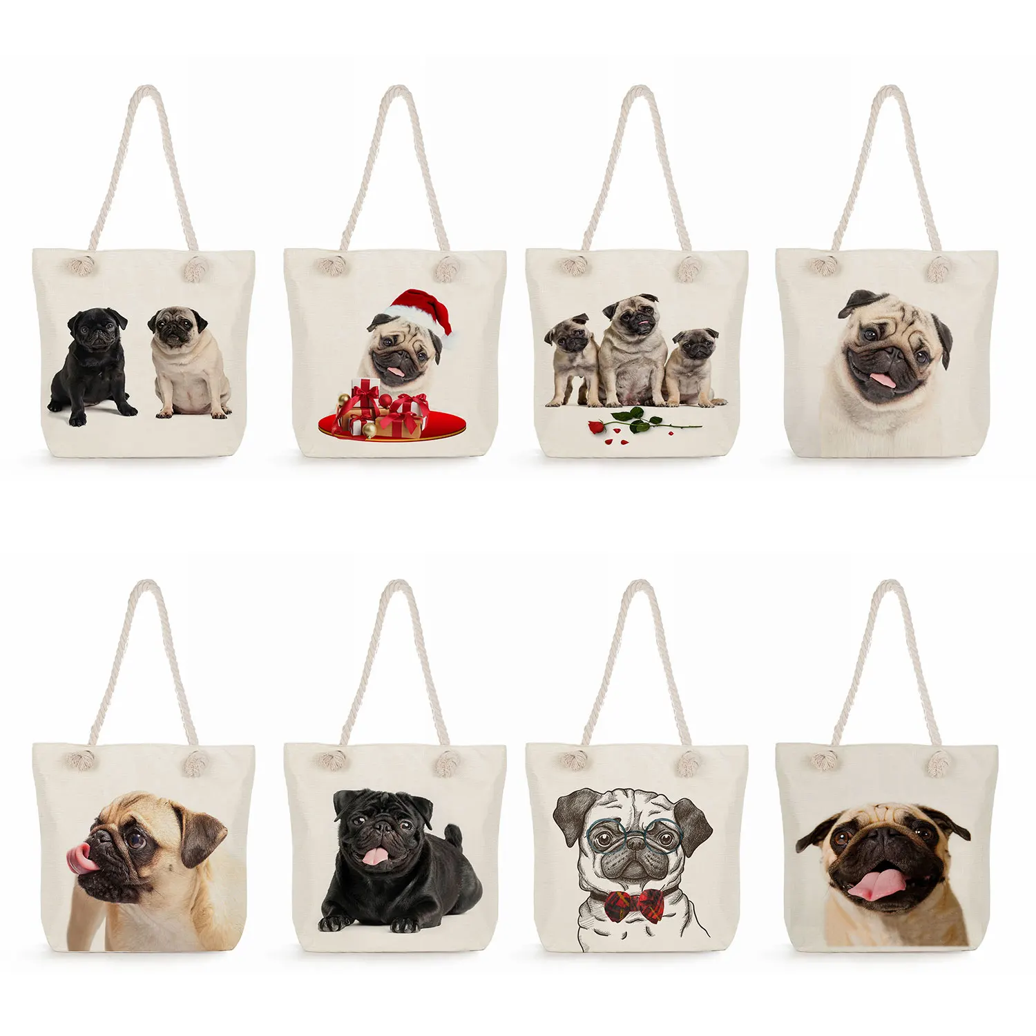 

Pug Dog Print Shopping Bag Animal Graphic Polyester Fabric Shoulder Bag Grocery Tote Bags Eco Reusable Storage Handbags