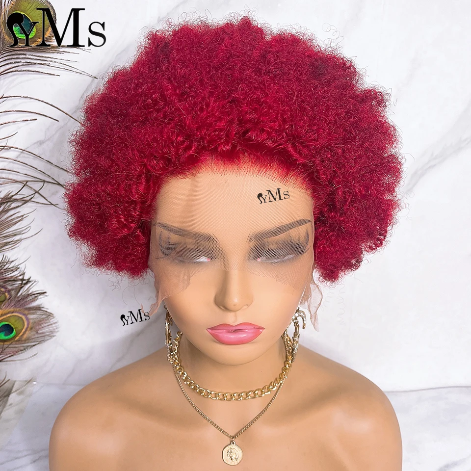 

Hot Red Short Pixie Afro Curly Bob Wig Human Hair YMS Curly 13x4 HD Transparent Lace Frontal Wig For Woman 4x4 Lace Closure Wig