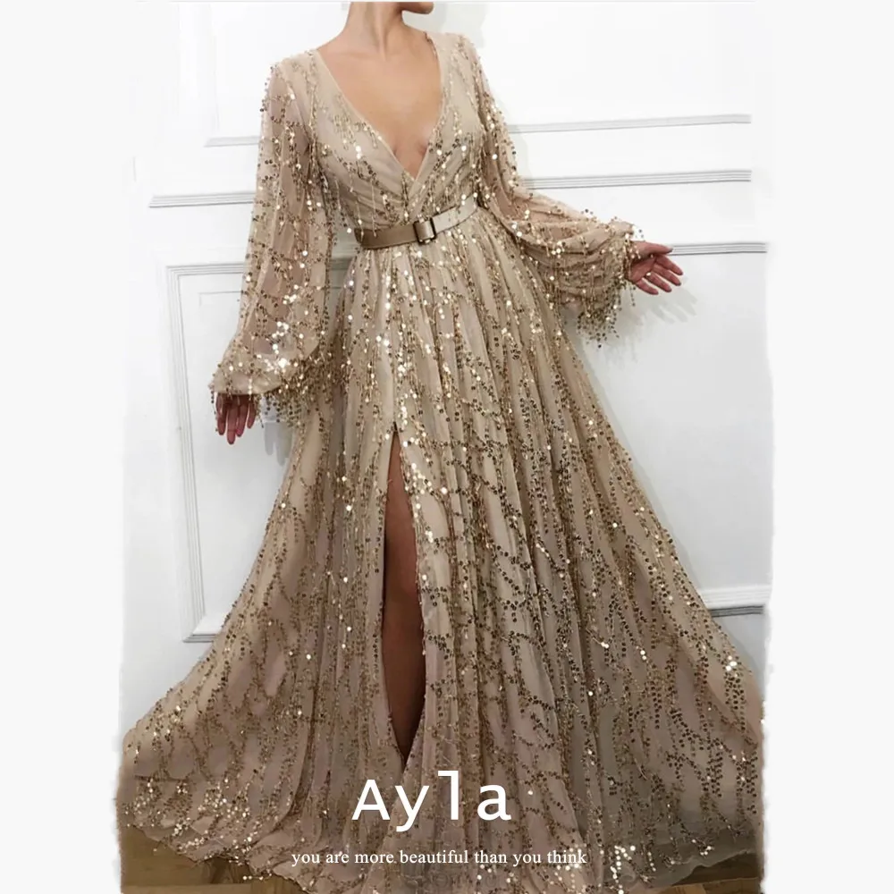 

Glitter A-line Maxi Prom Gowns Sequins Puffy Sleeves Robes De Soirée Sexy V-neck Vestidos De Noche Flash فساتين السهرة