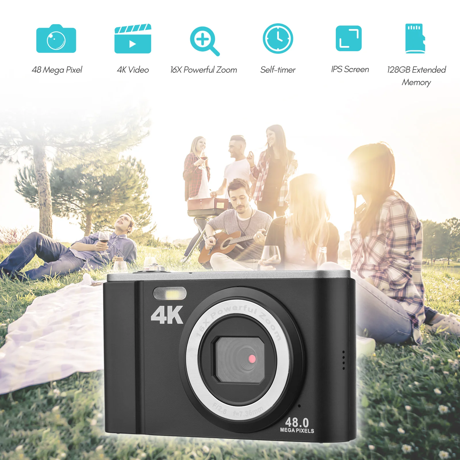 Цифровая мини-камера Andoer 48MP 4K 16X Zoom Автоспуск 128 ГБ Расширенная память