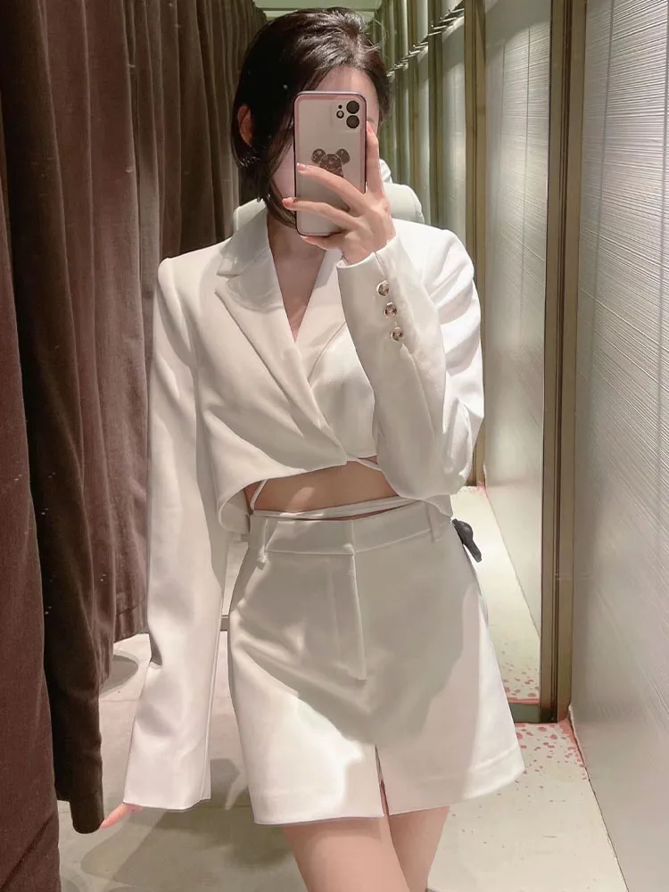 

Zach AiIsa temperament lapel long-sleeved bow trim short lace-up blazer + versatile high-waisted straight-leg culottes