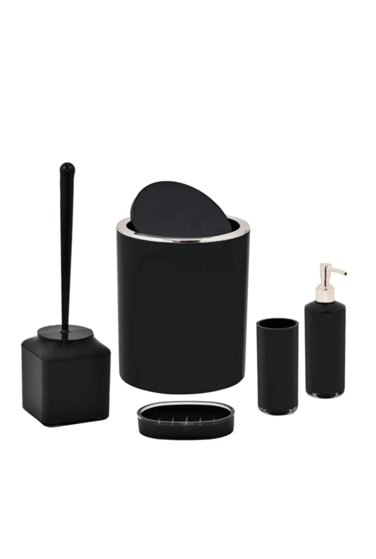 Bathroom Accessory Set Black Silver 5 Pcs Acrylic Lux Toothbrush Holder Liquid And Solid Soap Dispenser Toilet Brush Trash Can