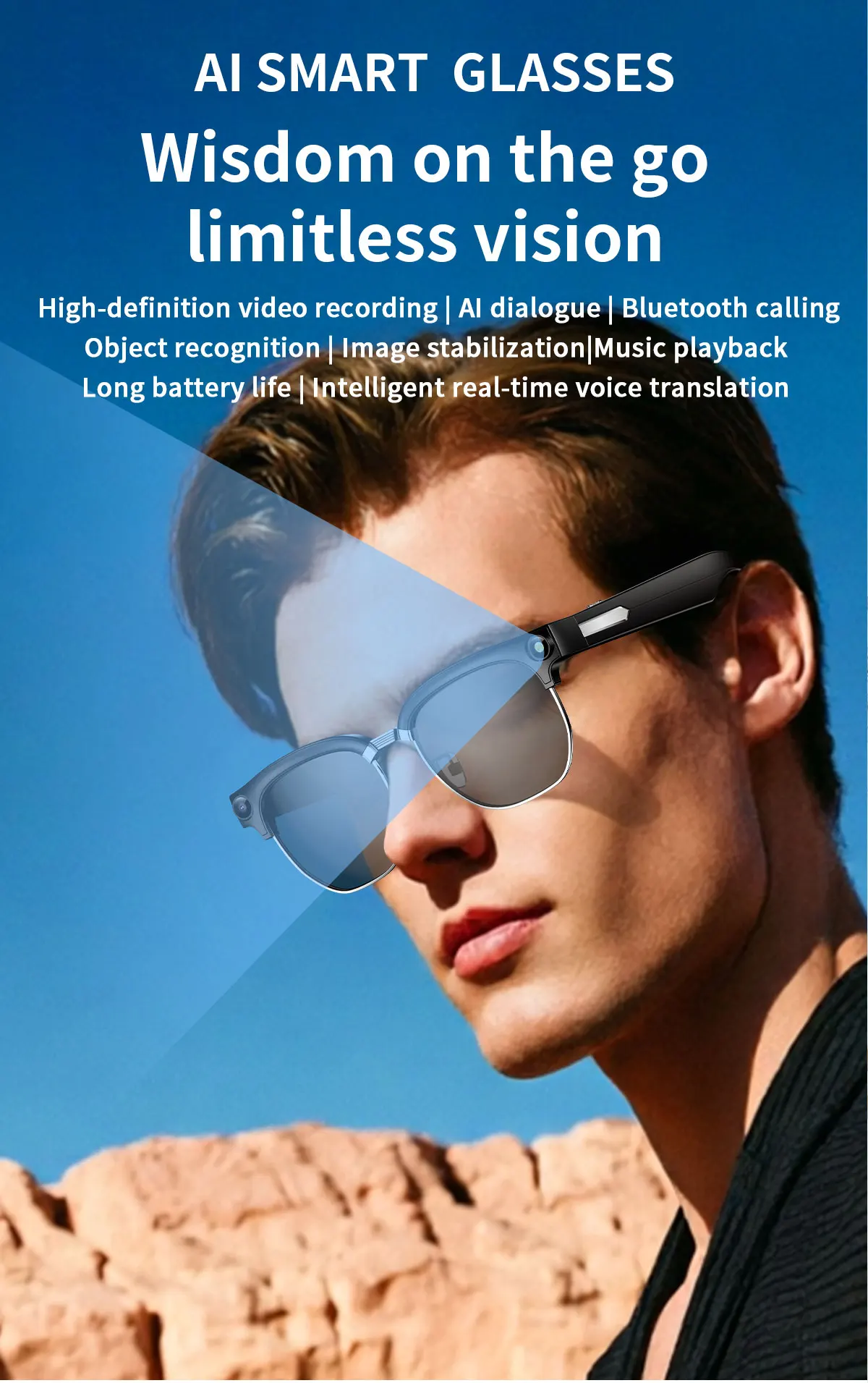 Фото Умные очки QINO AI с камерой 4K, голосовым помощником ChatGPT, Bluetooth-звонками, AI-переводом, аудиосистемой Open Ear, камерой 13 МП, IP54 №1