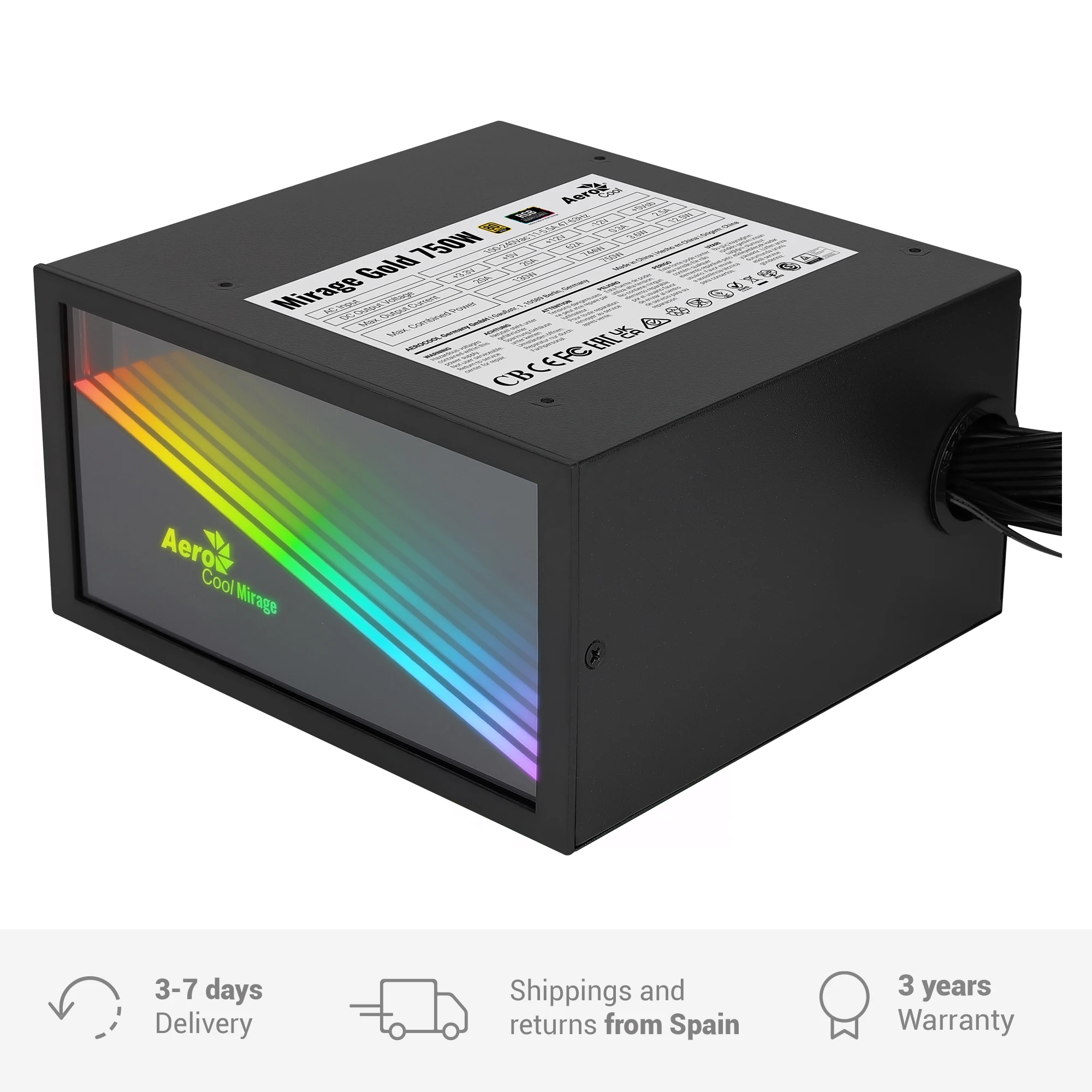 Aerocool Miragegold Fonte de Alimentação do pc 750w 80 Mais Ouro Fonte de Computador Espelho Infinito Rgb Capacitores Japoneses Preto