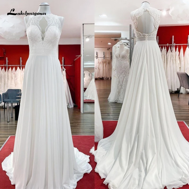 

Boho Simple Halter V-neck Backless Lace A-Line Wedding Dresses Chiffon Bridal Gowns Sweep Sleeveless Beach vestido de noiva