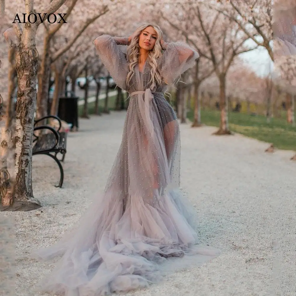 

AIOVOX Elegant Tulle Prom Dresses For Women 2023 Illusion Long Sleeve Split Vestidos De Gala Floor Length Party Gown Custom-Made