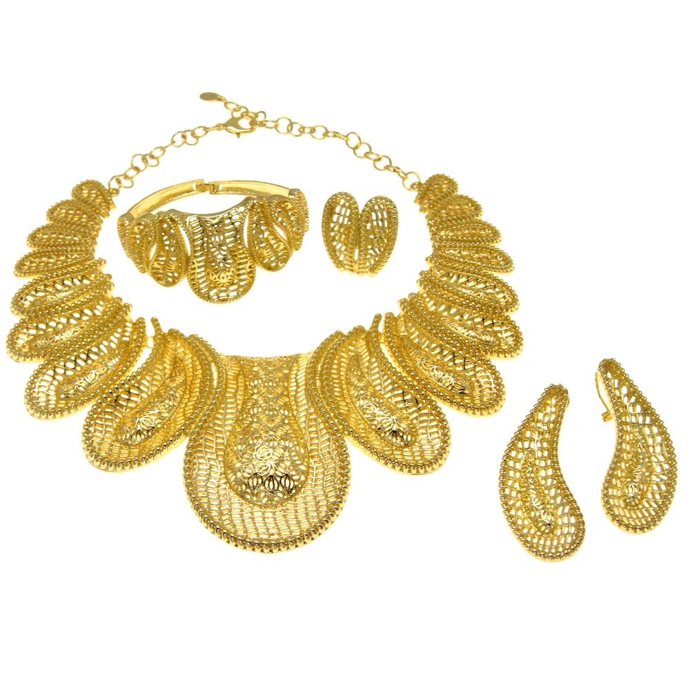 Золотые ювелирные изделия, Оригинальное женское ожерелье 24 К, индивидуальное большое ожерелье, серьги, кольцо, браслет, Свадебный Банкетный...