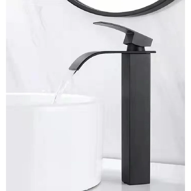 

Torneira De Cuba Metal Cascata Curva Alta Preta Banheiro Lavatório INOX Misturador Água Quente E Fria