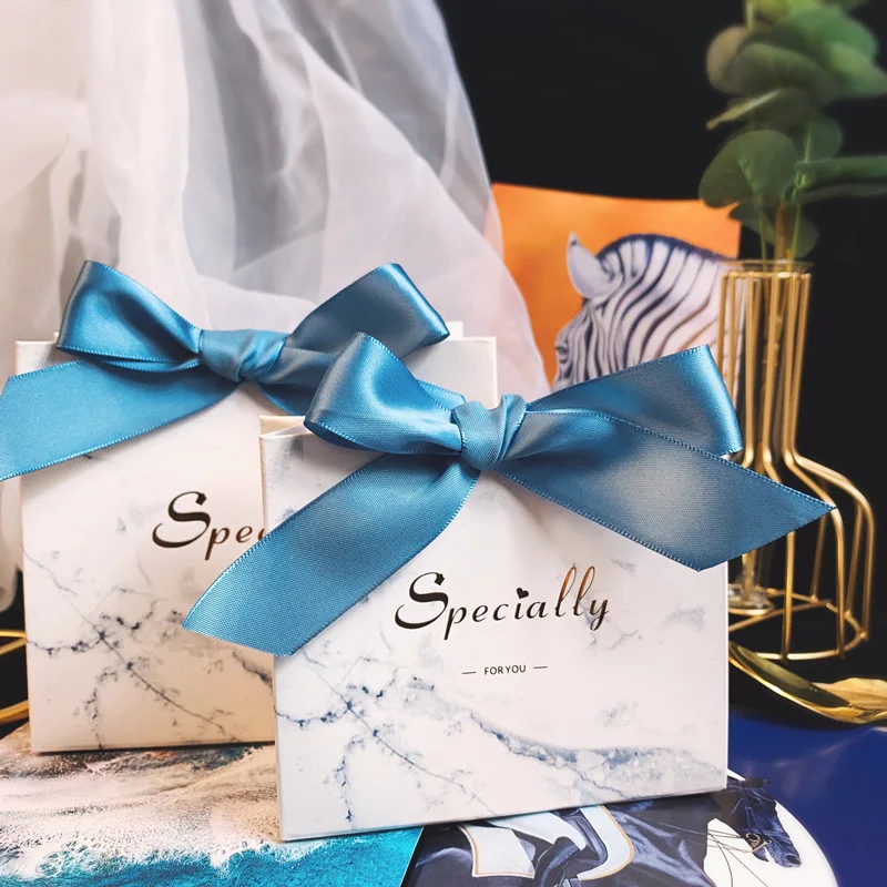 

20 Pcs/Lot Creative New Ins Style Wedding Candy Box Marble Pattern Small Gift Packaging Paper Box + Blue Ribbon