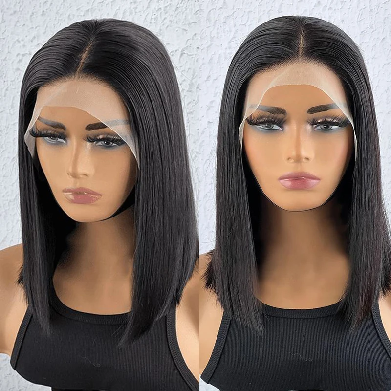 

Парик Короткий Боб, парик из прямых человеческих волос с косточками для черных женщин, парик на сетке с прозрачной T-образной частью, предвар...