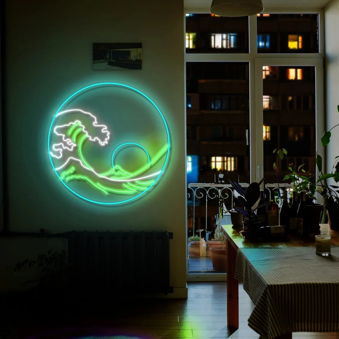 Морской закат волна круглая неоновая вывеска настенный декор игровая аниме