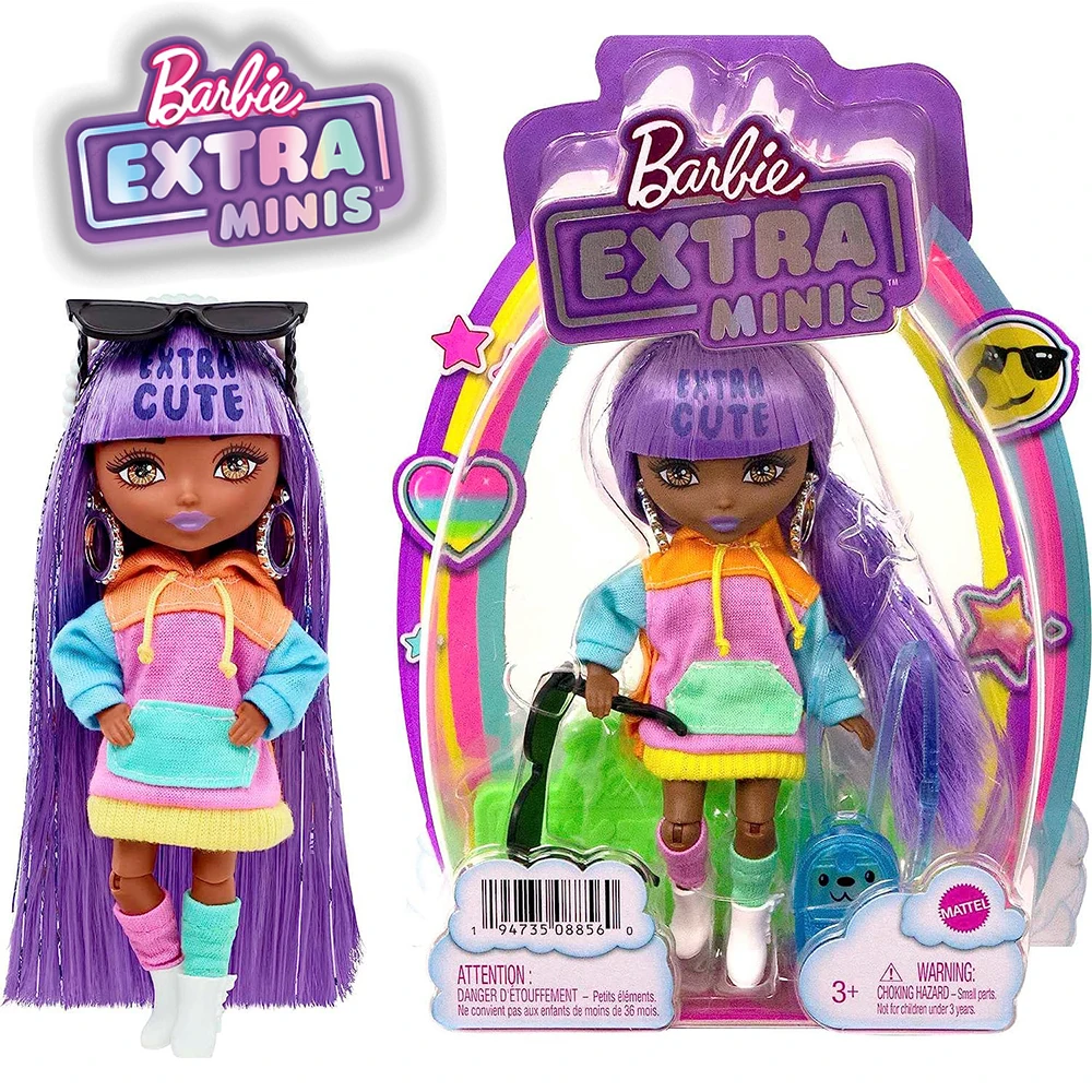 

Барби бренд Экстра кукла мини #7 (5,5 дюйма) в цветных блоках платье с капюшоном и сапоги, с кукольной подставкой и аксессуарами, игрушка для детей