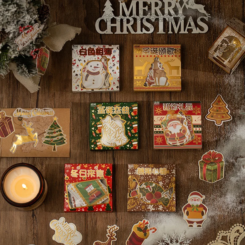 

60 Pcs/Box Christmas Xmas Scrapbook Supplies Materials Paper Stickers for Art Journaling Journal DIY Notebook Collage Aesthetic
