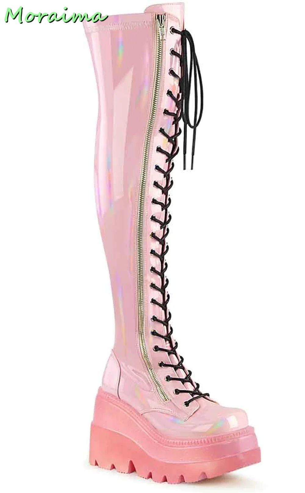 Platform Metal Side Zipper Lace-up Thigh High Boots Black Solid Matte Leather Thick Bottom Fashion Punk Style Women Shoes 2022