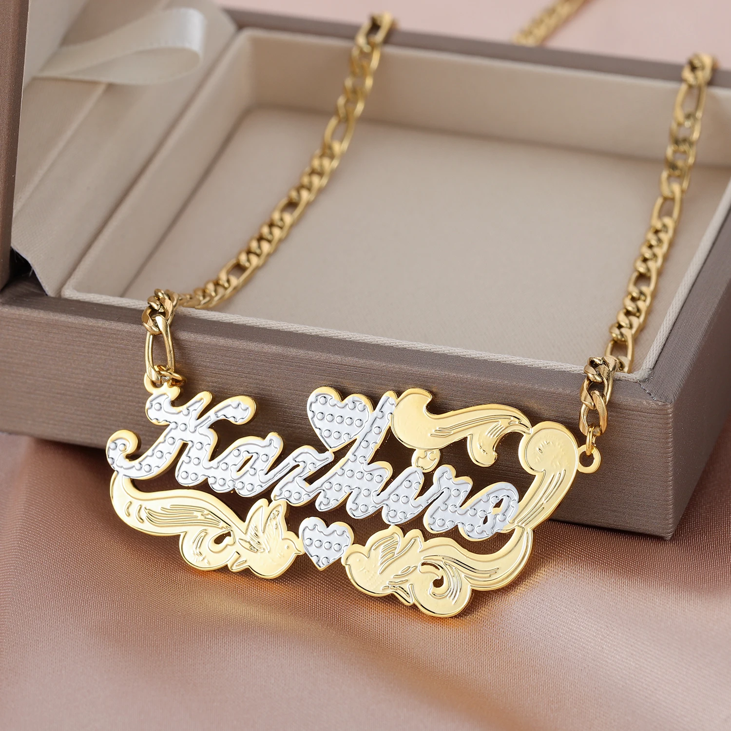 

Custom Two Name Tone Heart Nameplate Necklace Cuban Link Chain Personalized Stainless Steel Gold Name Necklace Jewelry For Women