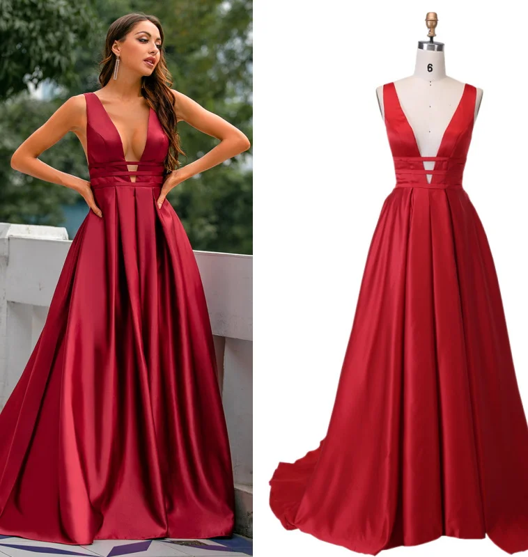 Sexy Deep V-Neck Red Party Dress Winter Evening Dresses A-Line Satin Prom Dresses Long Elegant Evening Gown Robe De Soiree