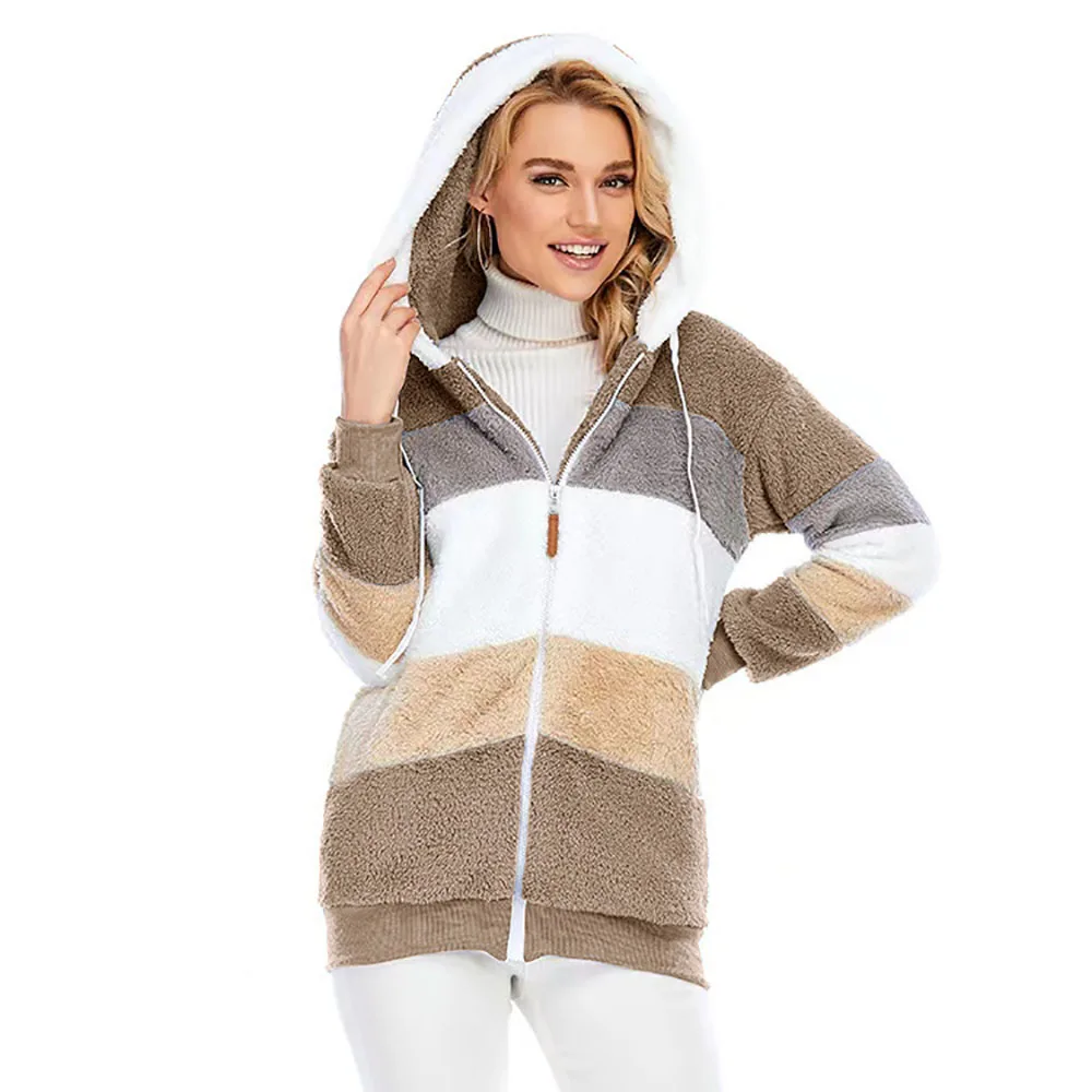 

Winter Pullovers For Women Faux Rabbit Fur Plaid Striped Zip-Up Jackets Warm Coats For Women Winter Cardigan Sweatshirt