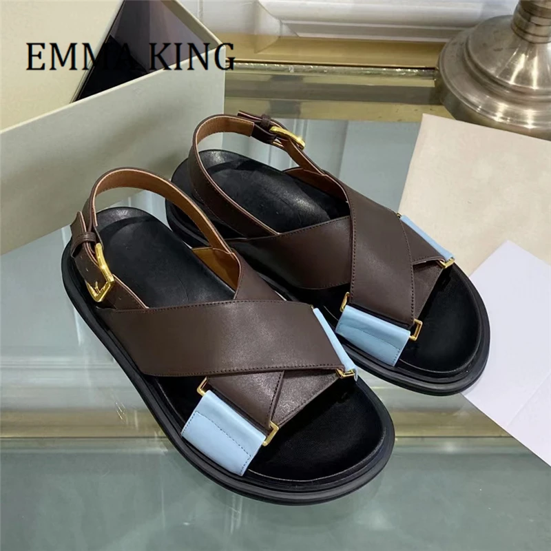 

2022 Summer Women Leather Slingback Sandals Ladies Flat Buckle-fastening Sandals Casual Beach Thick Bottom Sandalias De Mujer