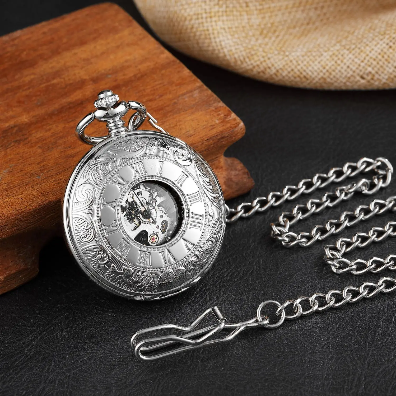 Vintage 2 Sides Open Case Mechanical Men Watches Double Face Roman Dial Clock Hand Wind Pocket Watch With FOB Chain Reloj Hombre