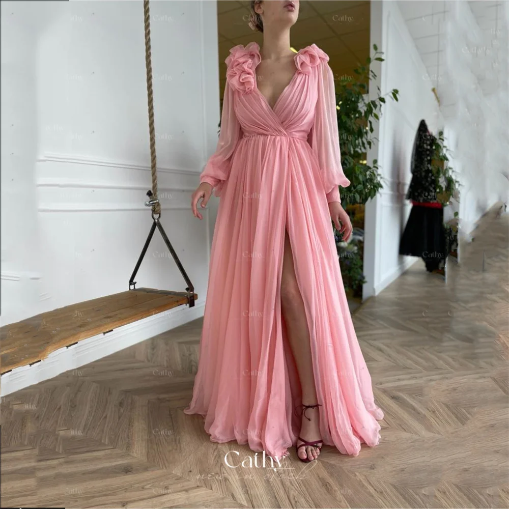 

Cathy Baby Pink Side Split Prom Dress With Flower Design Sexy V-neck Evening Dress Tulle Vestidos De Noche Sweeti Party Dress