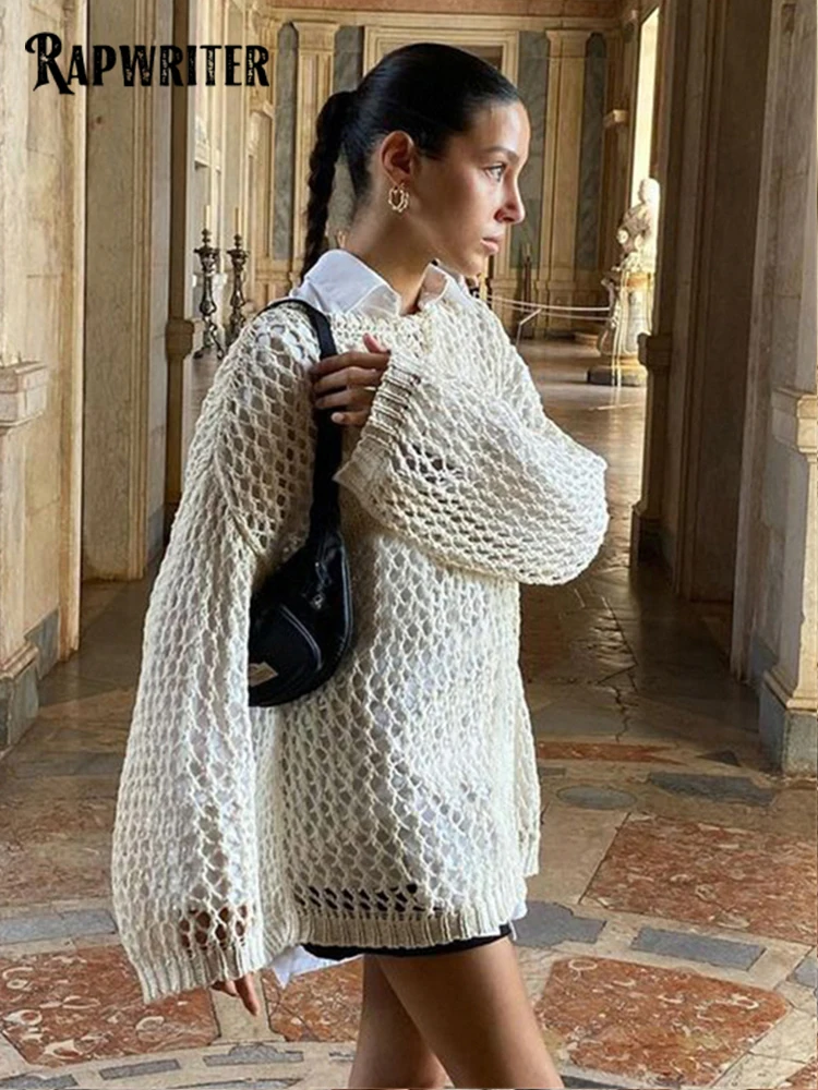 

Rapwriter Vintage Hollow Out Smock Sweater Streetwear Women Fishnet O Neck Top Aesthetic Summer Sun Protection Pullover Grunge
