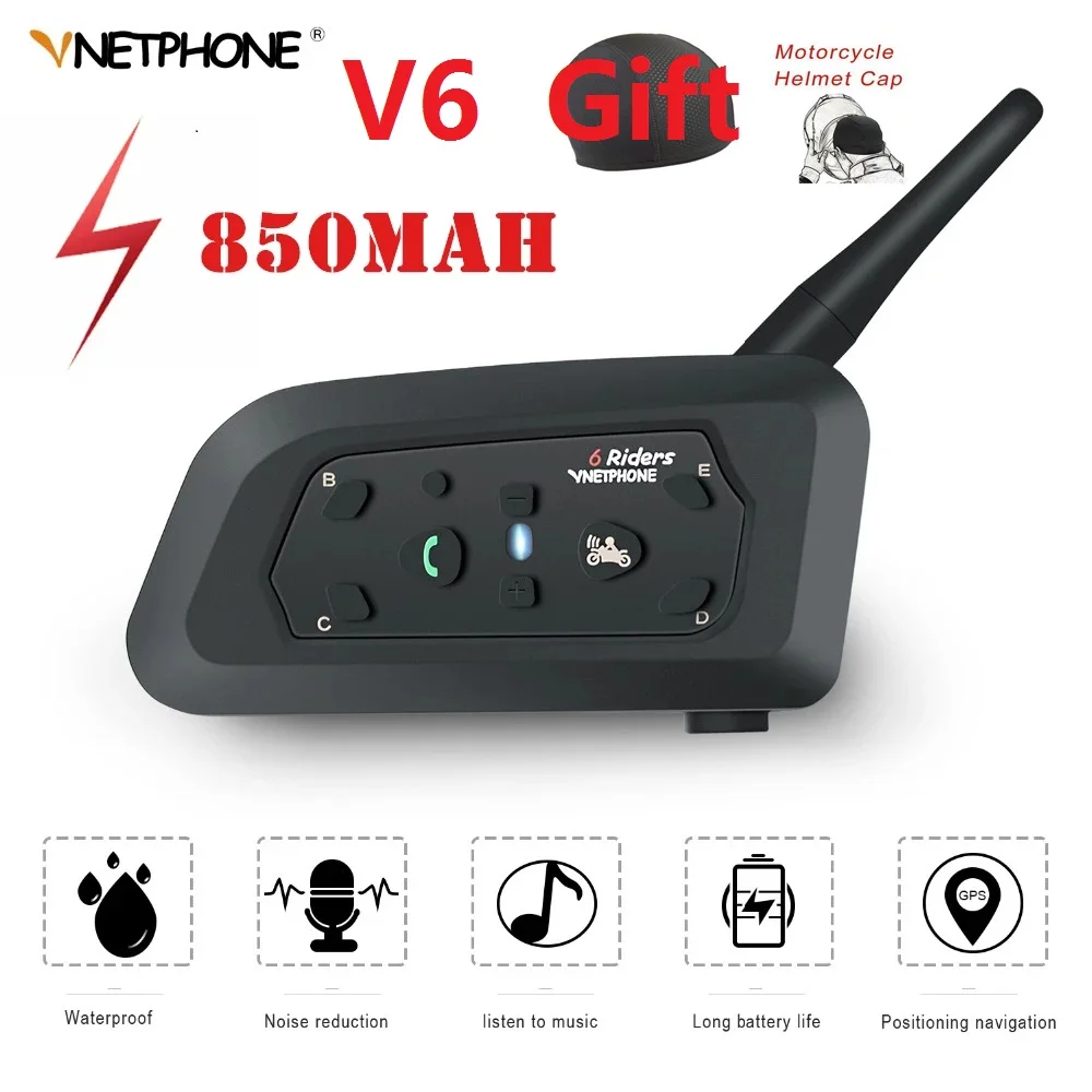 

VNETPHONE V6 Bluetooth Motorcycle Helmet Intercom Headset With 1200M BT V6 Interphone Communicator for 6 Riders Waterproof