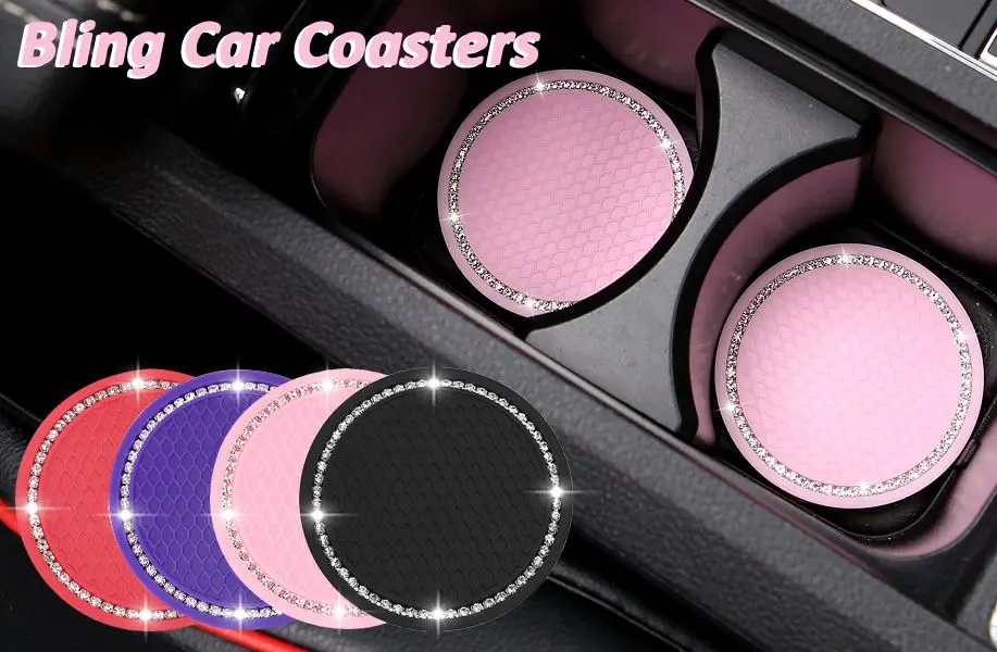 

Bling Car Cup Holder Coasters,Soft Bling Crystal Rhinestone Rubber Pad Set Round Auto Cup Holder Drink Coaster Car Accessories