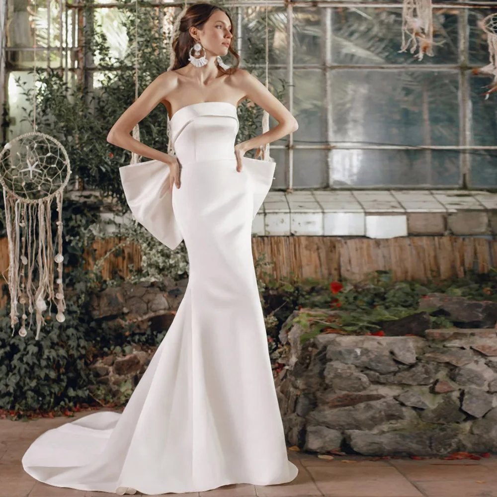

Simple Princess Satin Wedding Dress For Bride Ivory Strapless With Bow Design Court Train Long Mermaid Vestidos De Novia