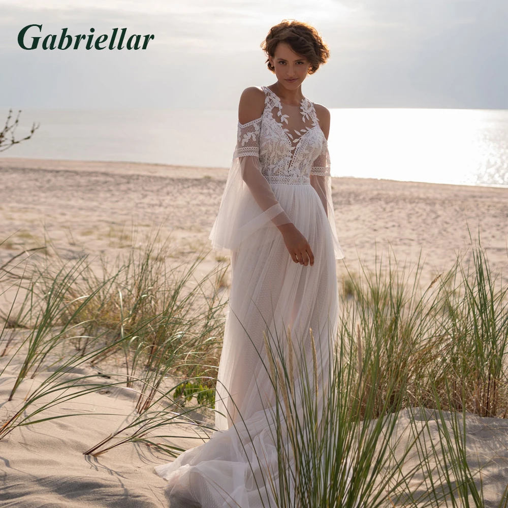 

Gabriellar Bohemia A-line Wedding Gowns Bridal O-neck Leaf Appliques Flare Sleeve Court Train Robe De mariée Personalised