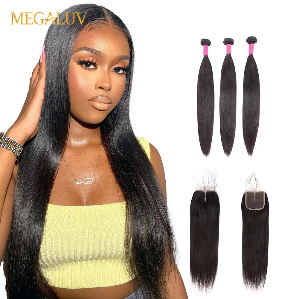 Straight Bundles With Closure Human Hair 10A Grade Brazilian Remy Hair Weave Straight Extension With 4x4 Lace Closure For Women