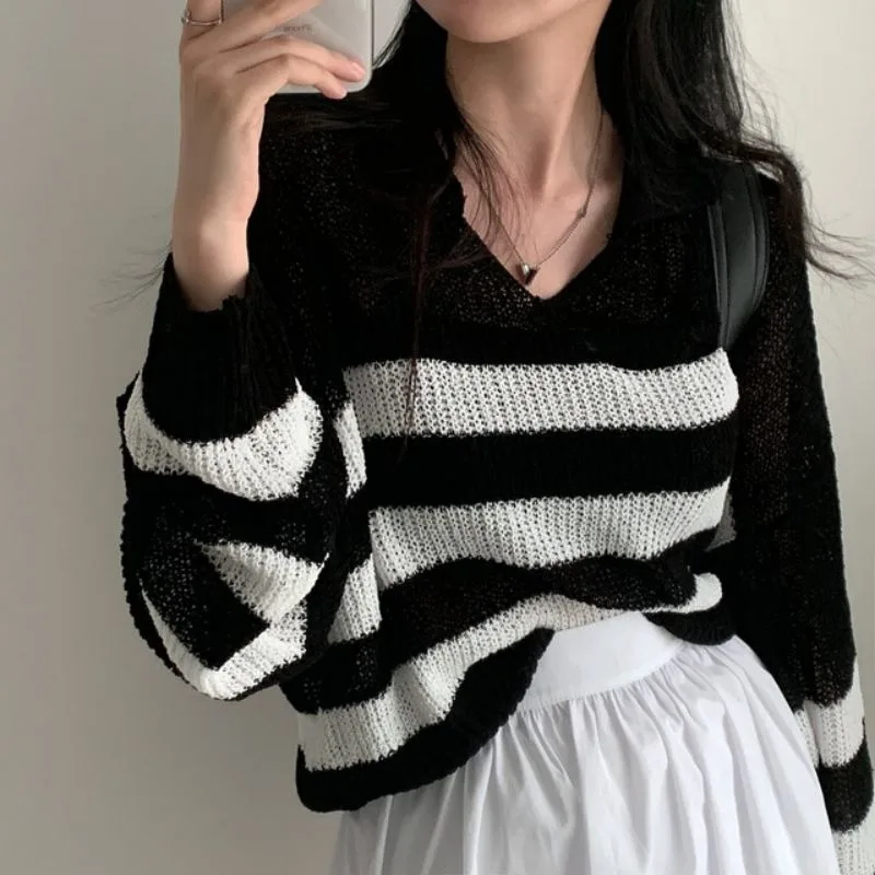 Женский ТрикоТажный Свитер-поло С Длинными Рукавами В Полоску