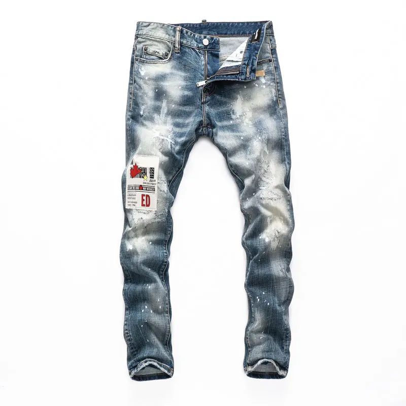 Retro Washed Old Splashed Ink Paint Dots Holes Stickers Patch Letter Printing Jeans Men'S Small Feet Denim Trendy Trousers