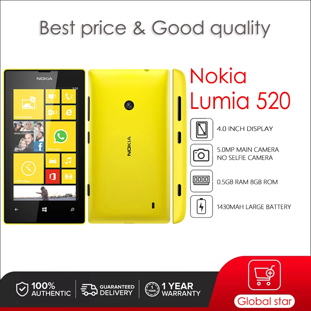 

Nokia Lumia 520 Original Unlocked Windows Mobile Phone 4.0 inches 1430mAh 5MP 512MB RAM 8GB ROM 3G High Quality Cellphone