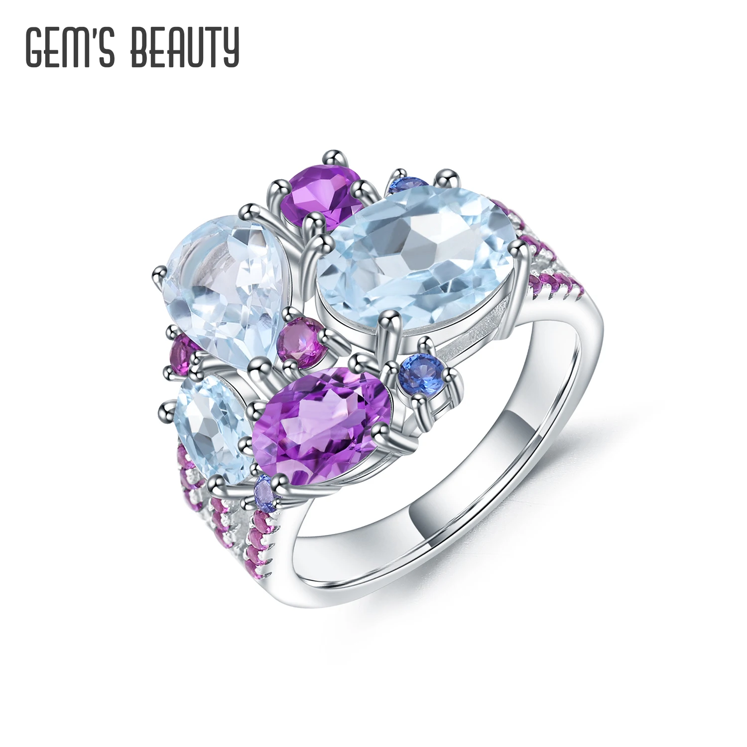 

Оригинальный дизайн GEM'S BEAUTY, кольцо для коктейлей с натуральным аметистом, кольцо с голубым топазом из серебра, Изящные Ювелирные изделия с ...