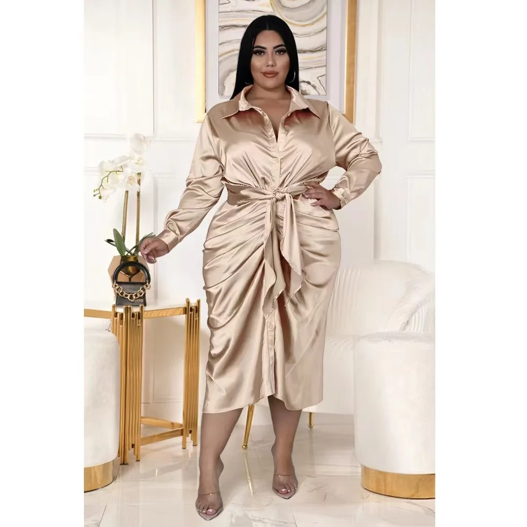 V-Neck Shirt Plus Size Satin Dress Loose Casual Commuter Plus Size Long Sleeve Shirt Dress