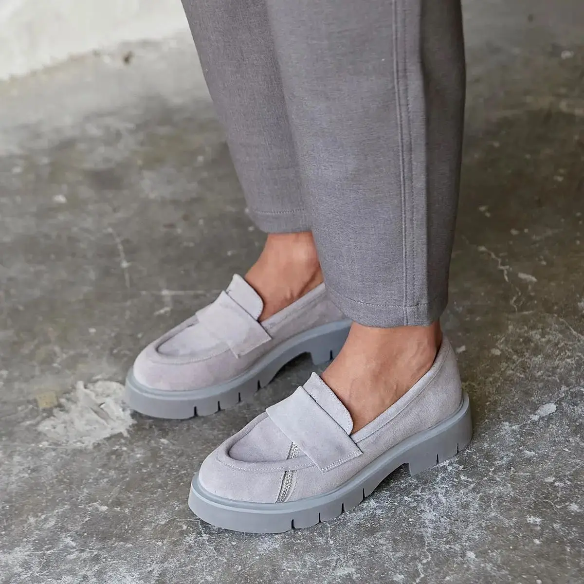 

Bef Real Leather Suede Flat Lightweight Eva Sole Zipper Detailed Loafer Gray Black Comfortable Daily Shoes Oxford