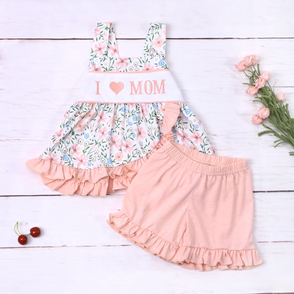 

Baby New Kids Cotton Shivering T-shirt Set Round Neck I Love Mom Embroidery Girl Top Clothes And Orange Shorts Decorate Suit