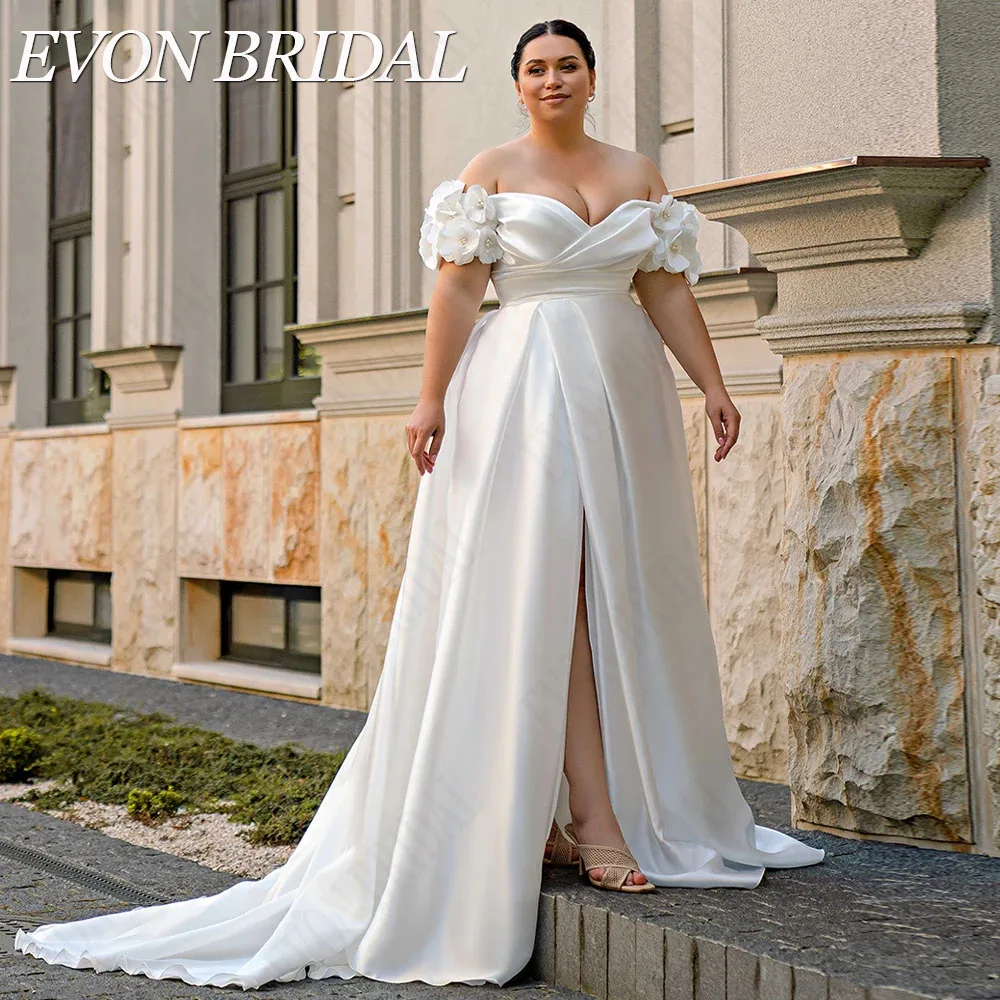 Фото Evon Bridal Сексуальное свадебное платье с увеличенной сатиновой пЖенское атласное платье EVON, сексуальное свадебное платье с открытыми плечами, V-образным вырезом и разрезом сбоку, ТРАПЕЦИЕВИДНОЕ платье невесты, 2019 №4