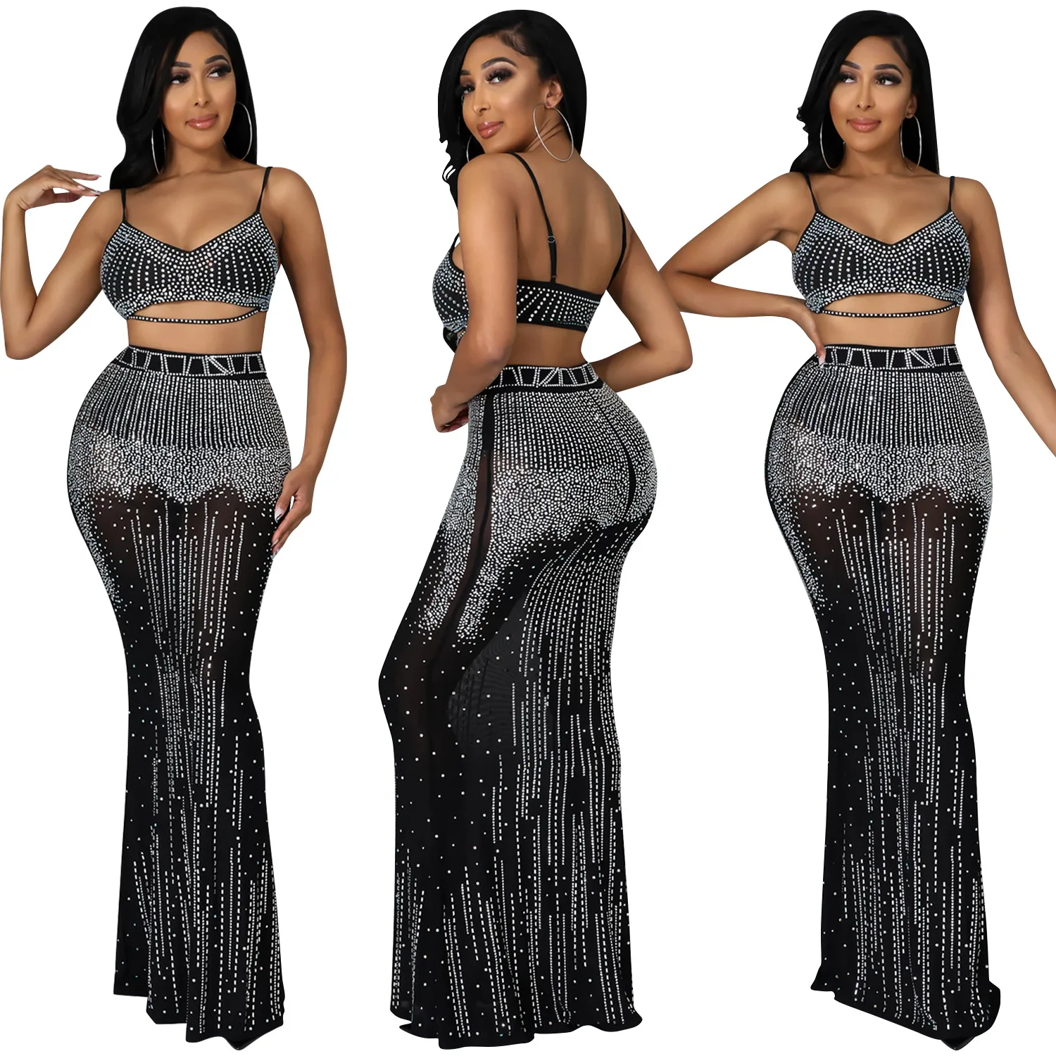 

Elegant Evening Outfits For Women Luxury Mesh Yarn Perspective Sexy Party Two Piece Set Top And Skirt