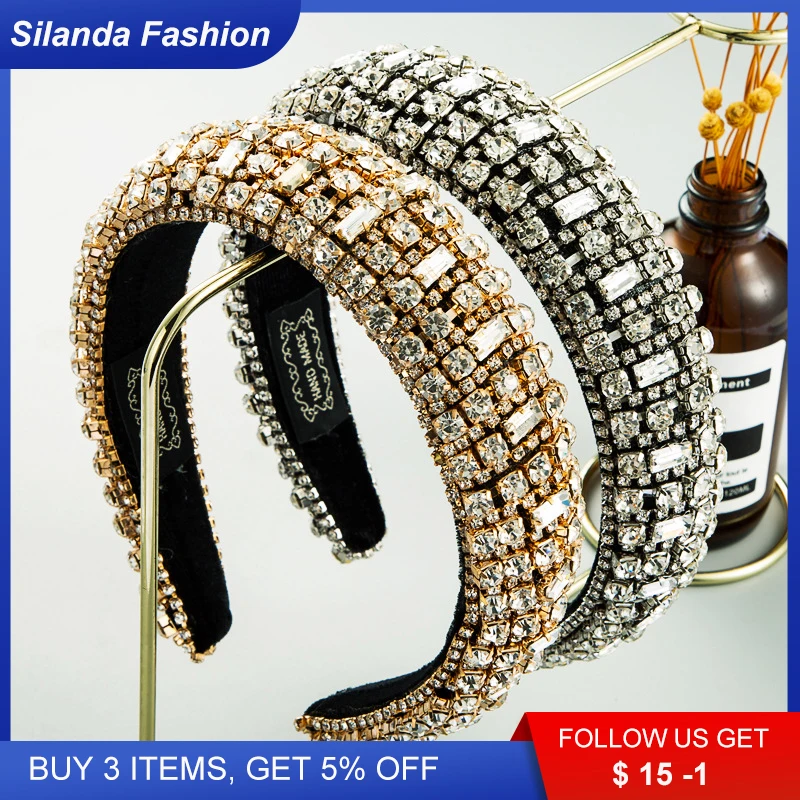 

Silanda Fashion ZA Headband Women's Baroque Sparkling Rhinestone Inlaid Thick Sponge Flannel Wide-brimmed Hair Band Headpiece