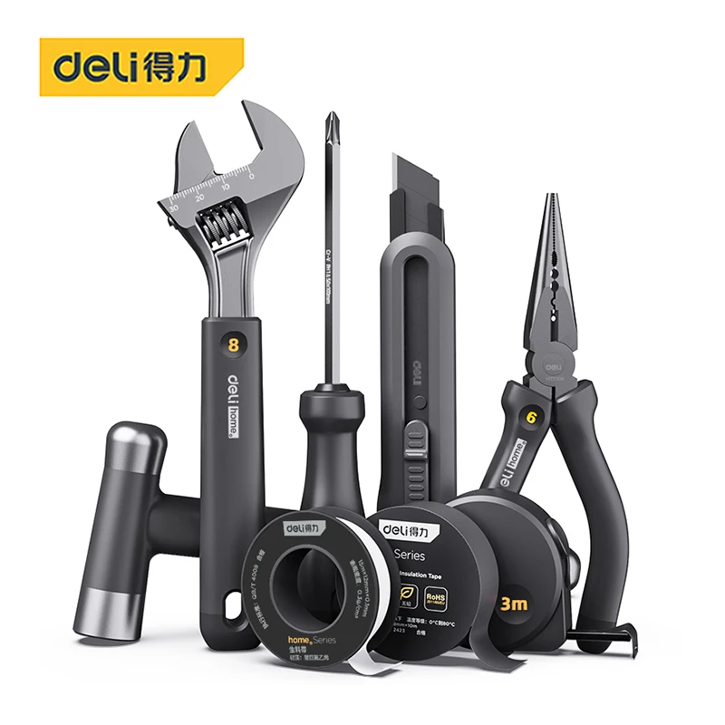 

DELI 8 Pieces Tools Set with Needle-nose Plier Art Knife Hammer Tape Measure Wrench Screwdriver Insulated Tape Tools Kit Set