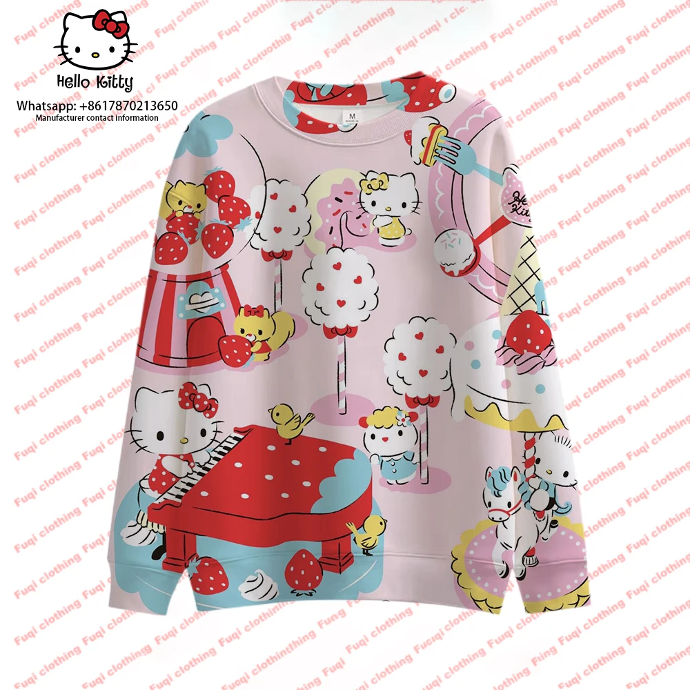 

Милый топ 2023, популярный стиль Sanrio, весна-осень, мужской и женский свитер с круглым вырезом, повседневный стиль HELLO KITTY, 3d-печать