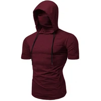 men gym hoodie short sleeve with mask sweatshirt hoodies casual splice large open forked male clothing mask button sports hooded