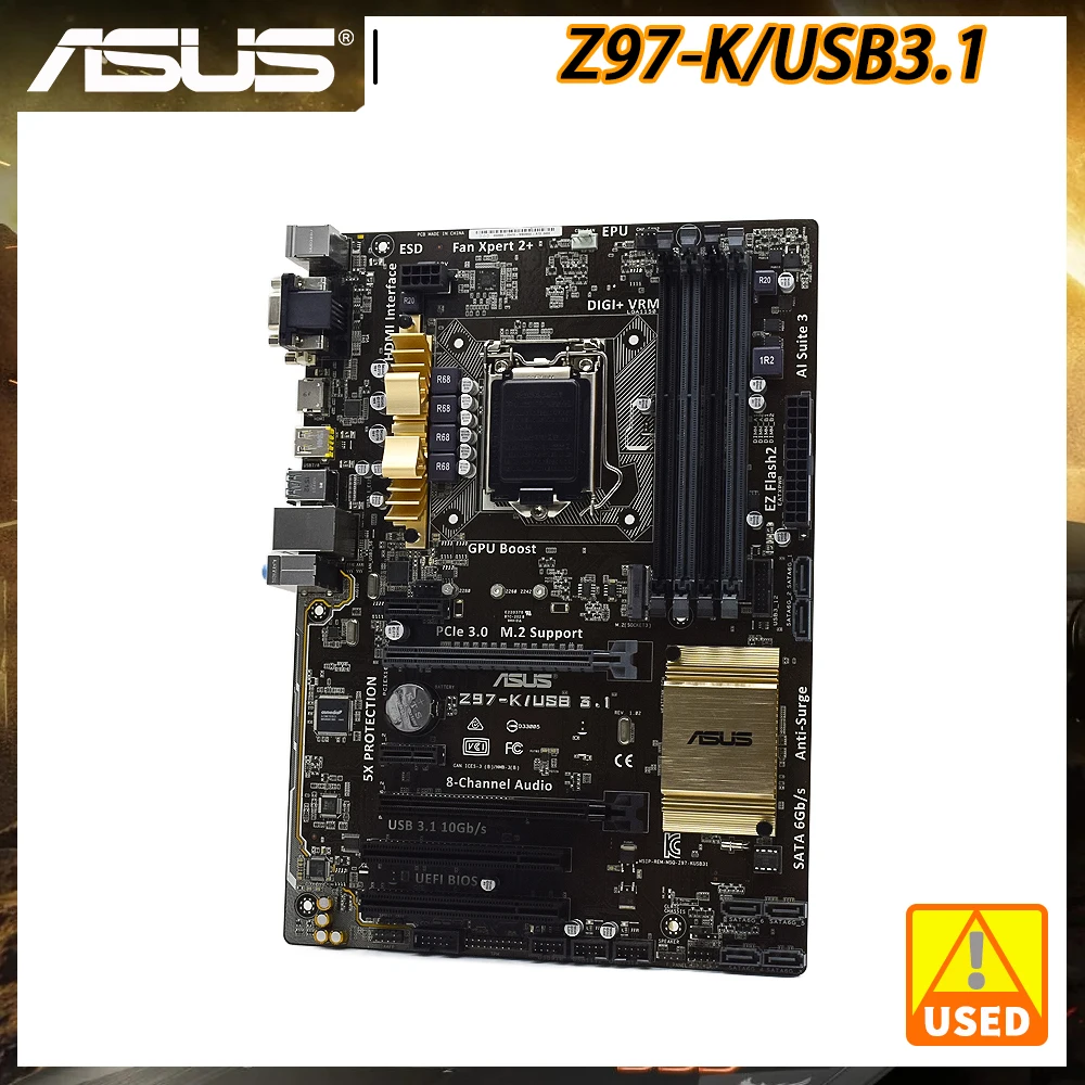 

Материнская плата ASUS Z97-K/USB3.1 1150, материнская плата DDR3 с поддержкой Core i7 i5 i3 процессоров Intel Z97 PCI-E 3,0 USB3.1 M.2 SATA3 32 Гб DVI ATX