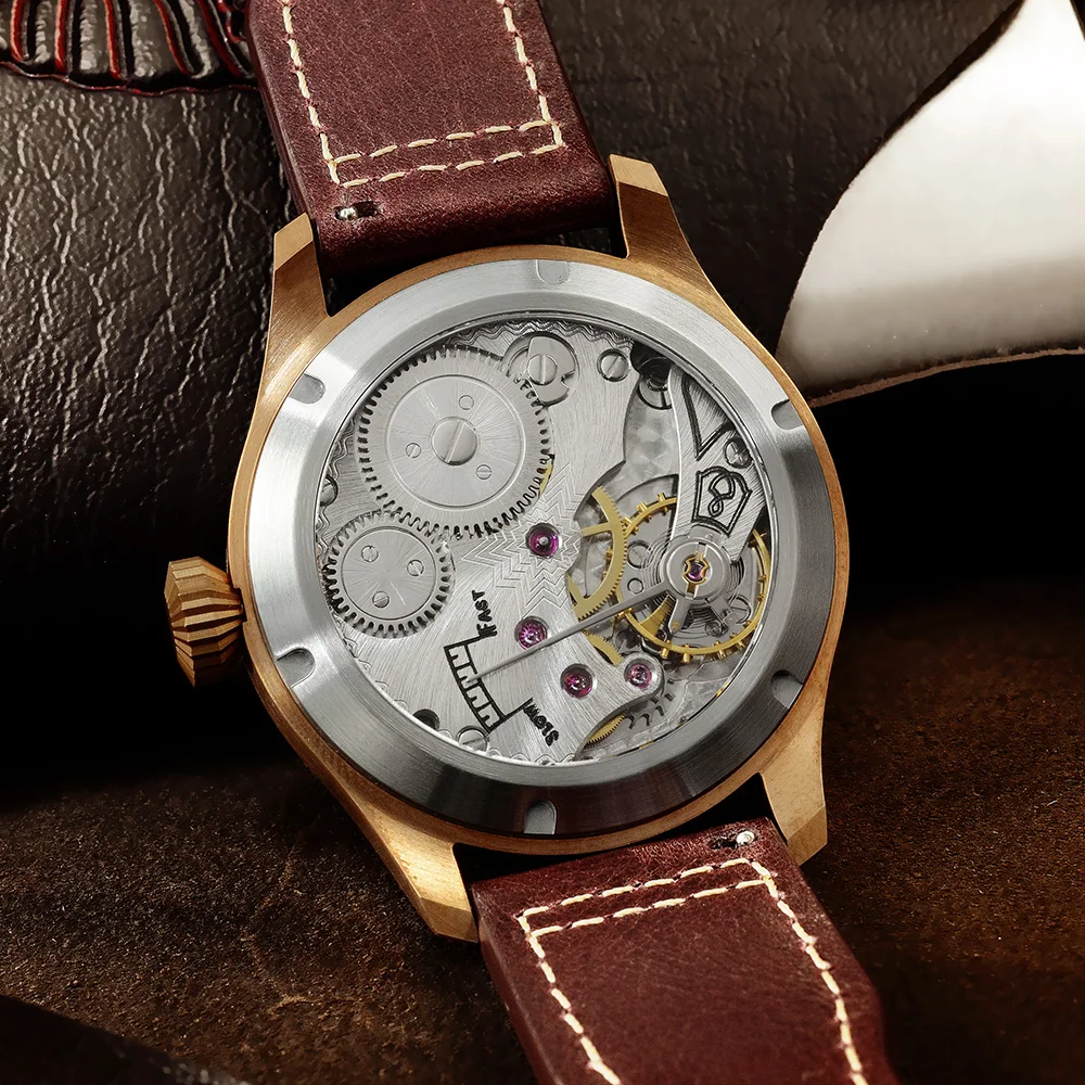 Купить Мужские часы San Martin Bronze Pilot 44 мм, механические часы с сапфировым кожаным ремешком, светящийся водостойкий прозрачный чехол на заднюю панель