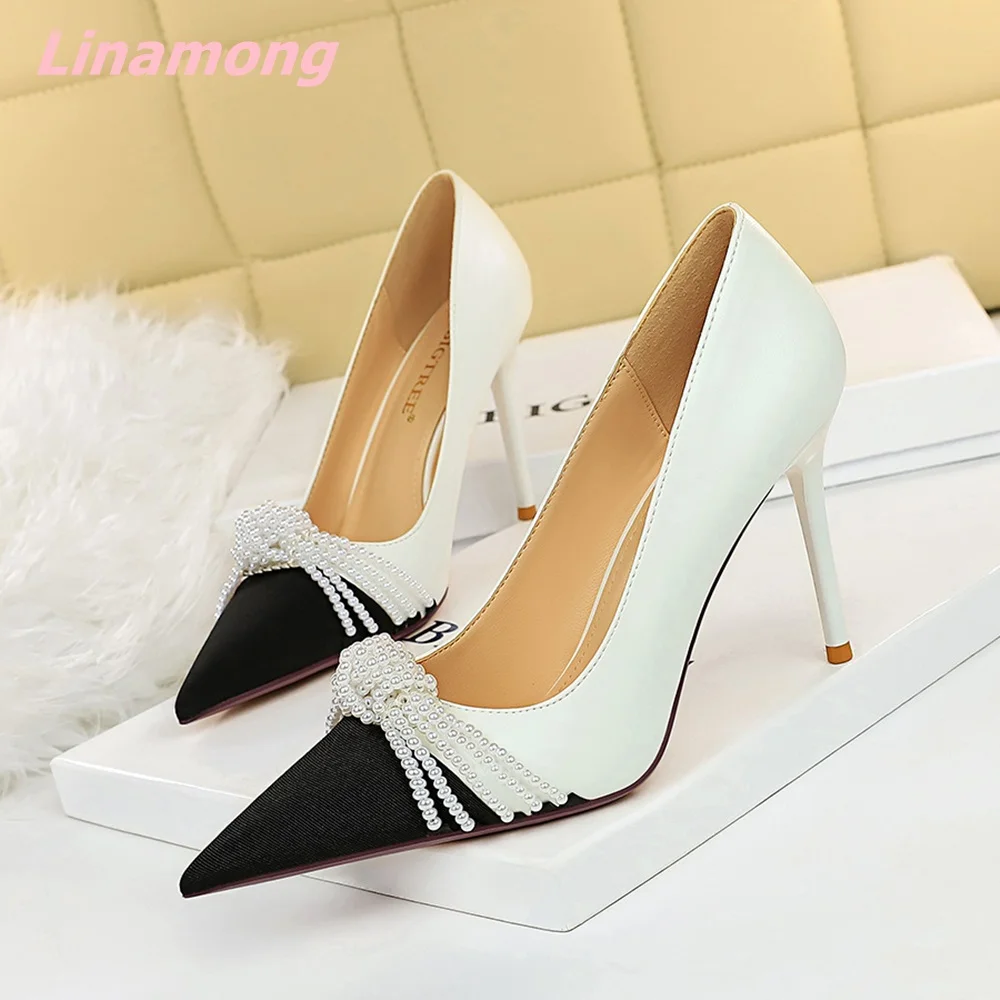 

Pearl Summer Newest Women Party Pumps Pointed Toe Shallow Thin High Heel Butterfly Knot Sexy Solid Wedding Shoes Hottest 2022