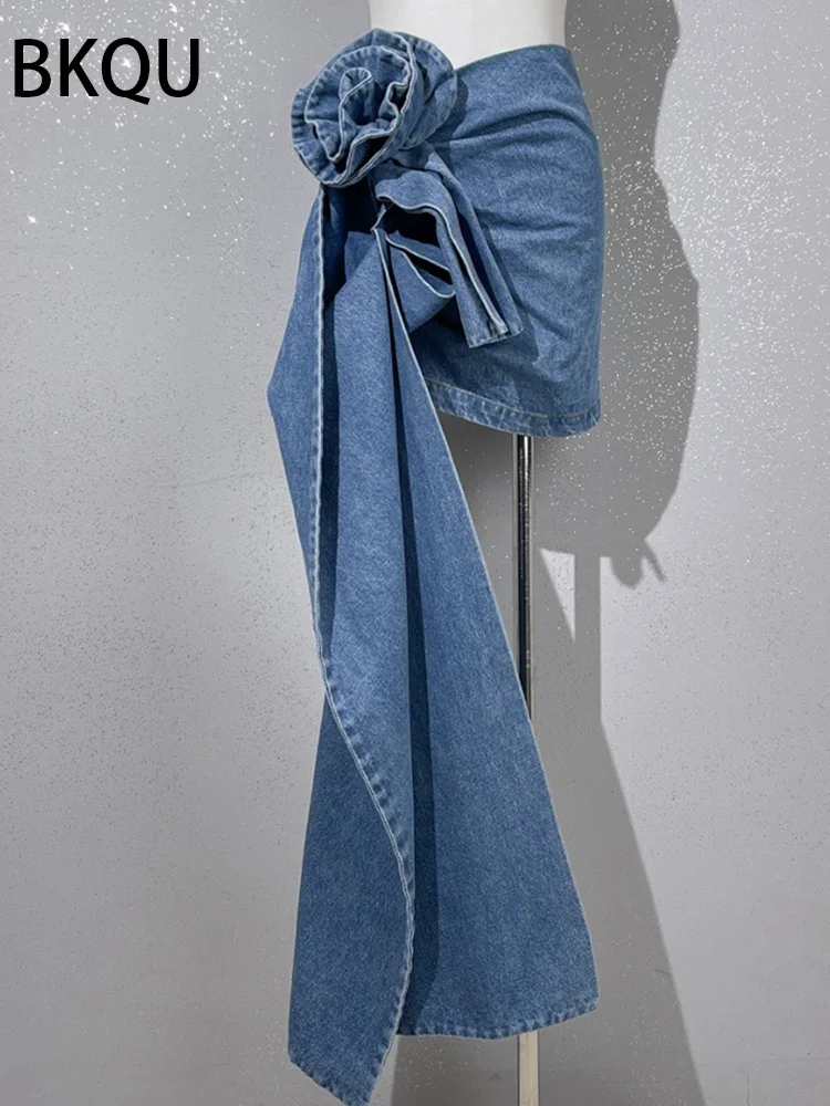 Женская джинсовая мини-юбка BKUQ трехмерная розово-синяя составного кроя с