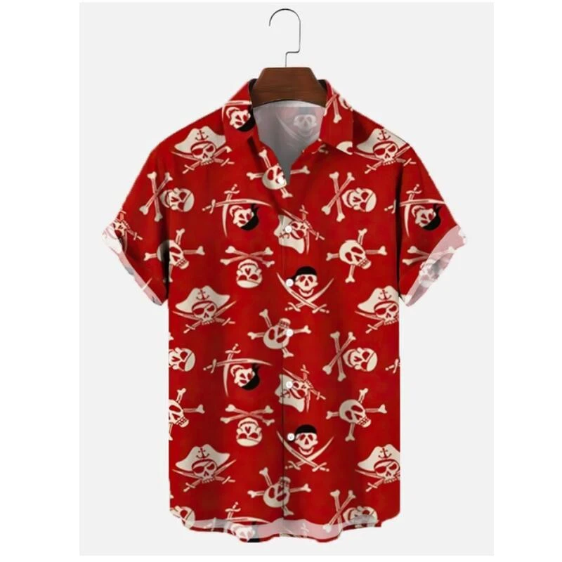 Men's Summer 3D Print Skeleton Pirate Pumpkin Head Punk Shirts Man Outdoor Sportswear Male Lapel Short Sleeve Hawaii Tops