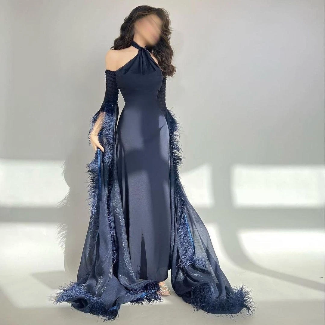 

Meetlove Three Quarter Prom Dresses Floor-Length Stain Feather Zipper Up Wedding Party Women A-Line Blue Wrinkle Grace 2023
