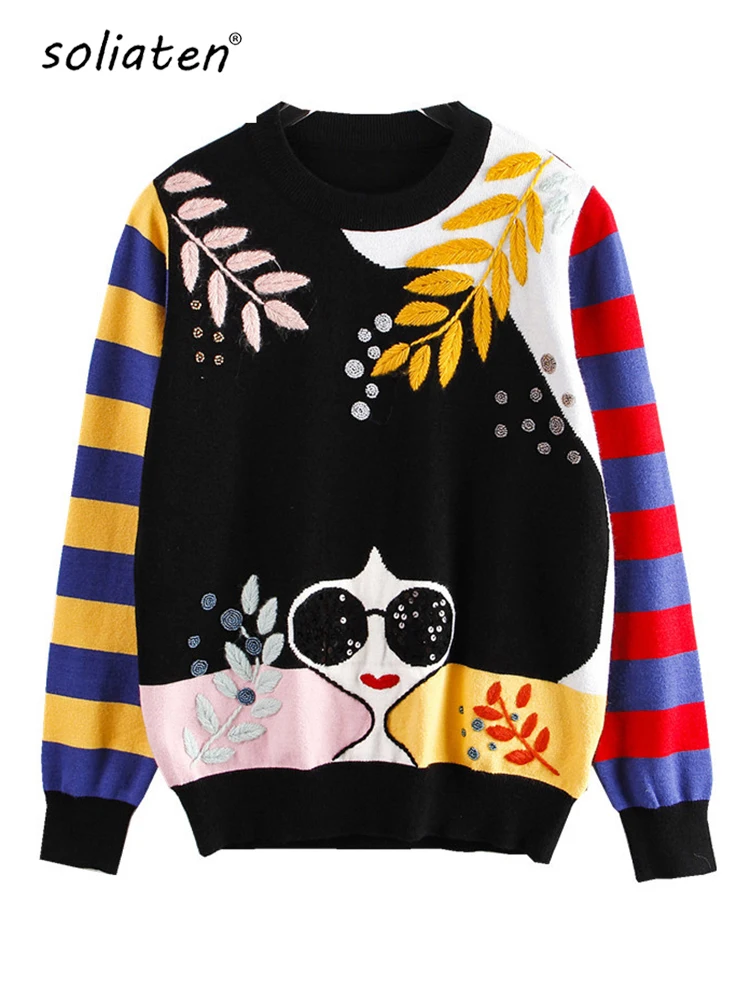 Winter New Contrast Striped Sleeve Embroidery Leaves Beaded Sequins Sunglasses Girls Knit Sweater C-013